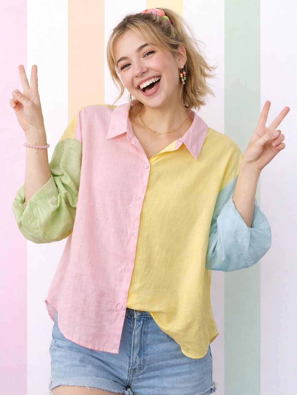 English Factory Oversized Pastel Colorblock Button-Up Blouse Sz: L